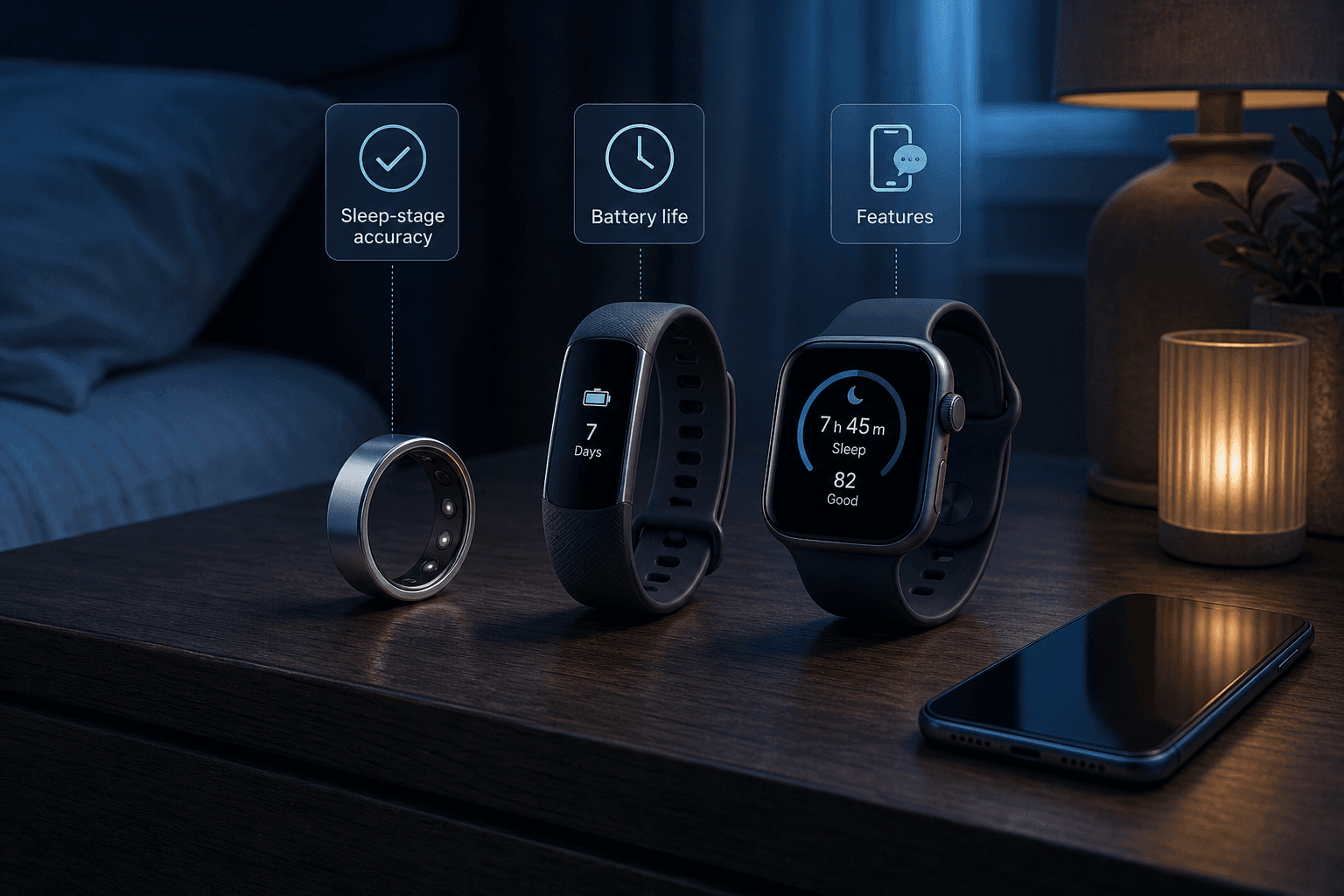 A bedside table at night showing a smart ring, a fitness band, and a smartwatch with inset icons for accuracy, battery life, and features.