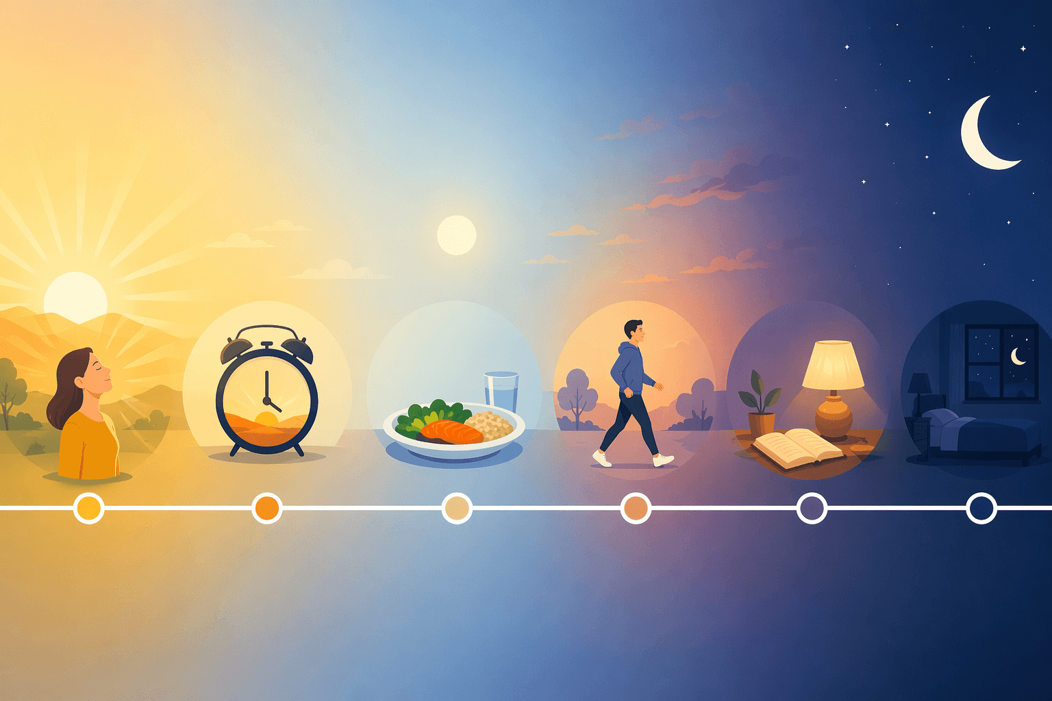 A horizontal timeline illustration with a warm sunrise-to-midnight gradient background featuring simple icons for morning sunlight, consistent wake time, midday meal timing, afternoon exercise, evening wind-down with a book and lamp, and bedtime under a crescent moon.