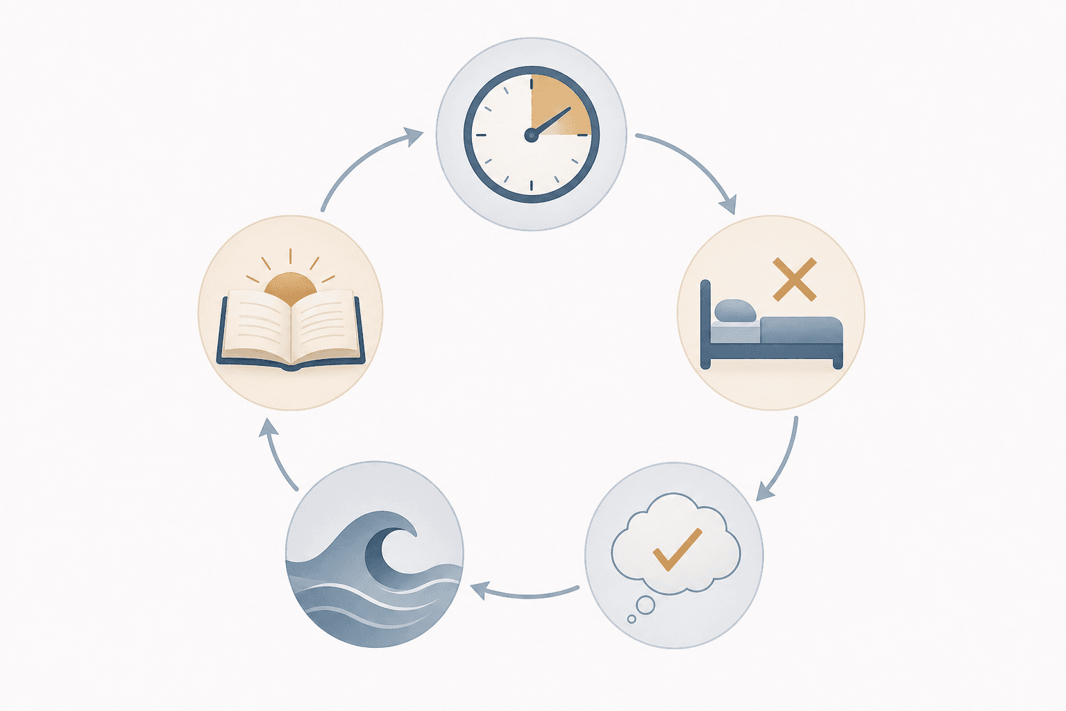 Five abstract icons arranged in a circular flowing framework with connecting arrows, representing the five CBT-I components: a clock, a bed with a boundary mark, a thought bubble with a checkmark, a calming wave, and an open book.