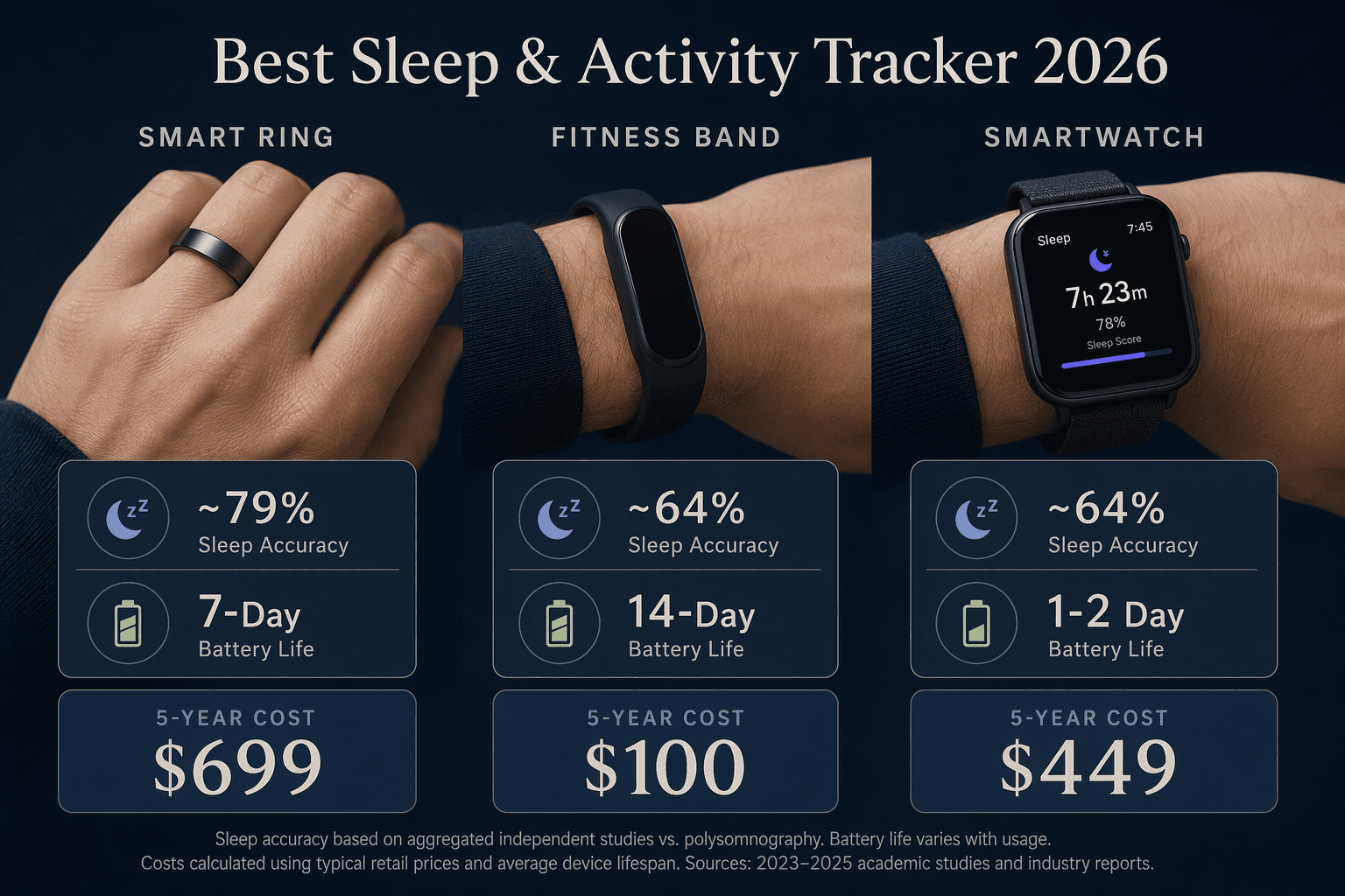 A side-by-side editorial comparison of a smart ring, fitness band, and smartwatch on a dark navy background, showing sleep accuracy percentages, battery life icons, and 5-year cost badges.