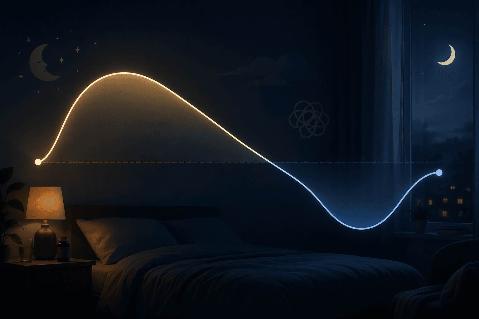 Abstract editorial illustration showing a wave-like curve over time representing tolerance building and rebound insomnia after stopping a sleep aid.