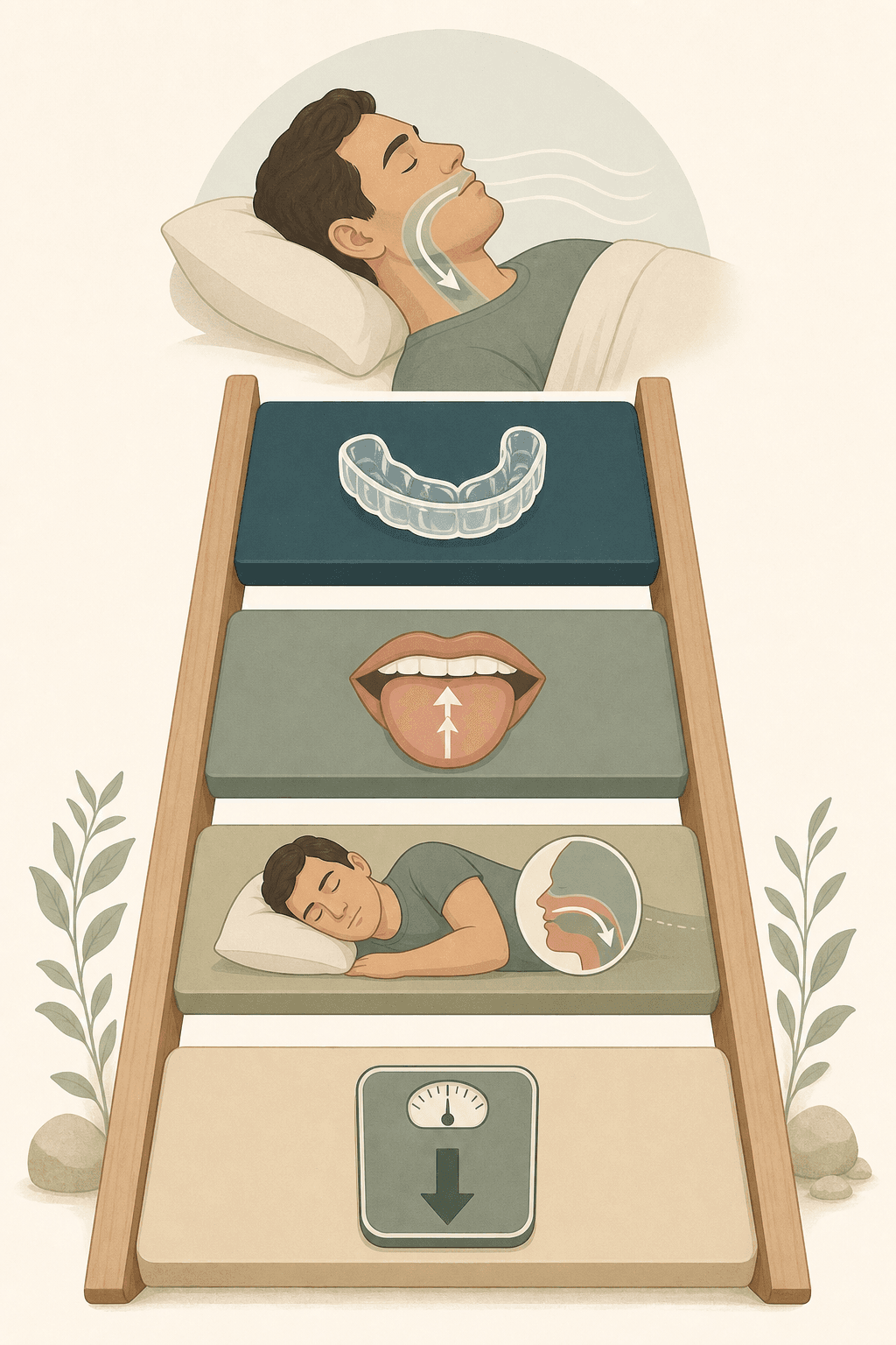A four-step evidence ladder illustration showing sleep apnea interventions from bottom to top: weight loss, positional therapy, myofunctional therapy, and oral appliance, topped by a peaceful sleeping figure with an open airway indicator.