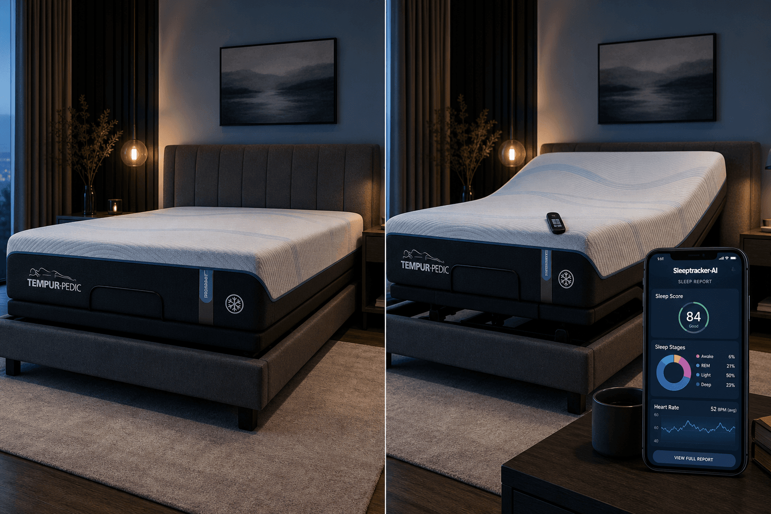 Split-composition editorial bedroom scene showing a Tempur-Pedic adjustable smart base with a TEMPUR mattress. The left side shows the bed flat, the right side shows the head elevated in Zero Gravity position with a remote visible. A smartphone displays the Sleeptracker-AI sleep report interface with a sleep stages pie chart, sleep score, and heart rate graph. Blue ambient lighting, no people.