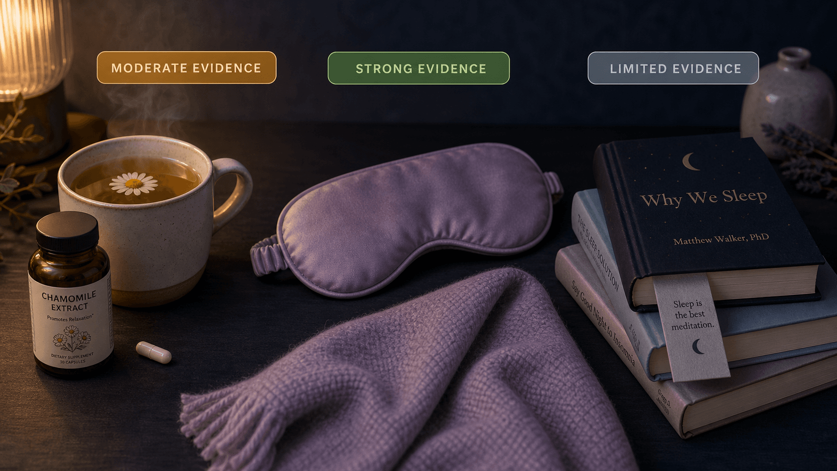 A dimly lit flat-lay bedside scene with three visually separated remedy groups: a steaming mug and supplement bottle on the left, a soft eye mask and folded blanket in the center, and a small stack of books on the right. Above each group, color-coded badges read 'STRONG EVIDENCE' (green), 'MODERATE EVIDENCE' (amber), and 'LIMITED EVIDENCE' (gray).