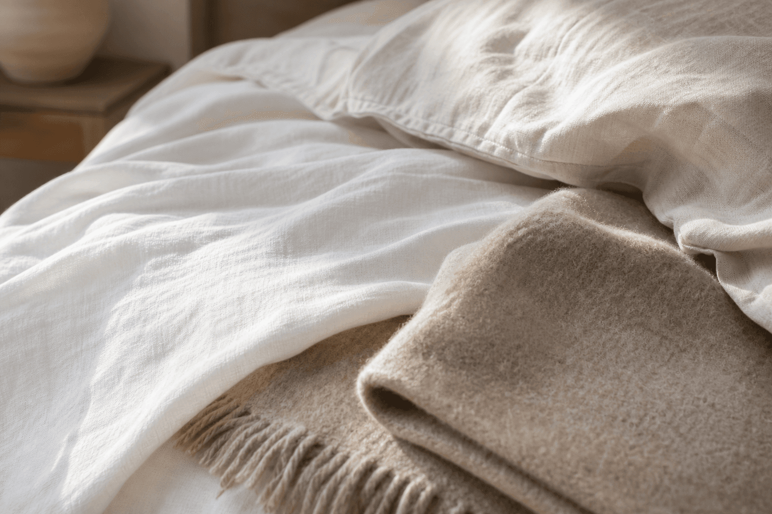An editorial close-up of layered bedding fabrics — a crisp white cotton sheet with visible weave, a soft beige wool throw, and a cream duvet corner — tousled to show texture and breathability.