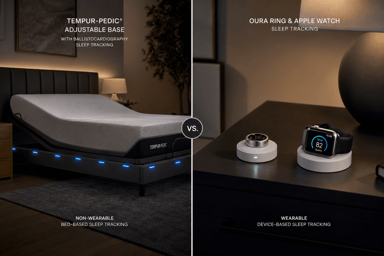 Side-by-side editorial comparison scene. Left side shows a Tempur-Pedic adjustable bed base in a dark bedroom with blue sensor glow indicators along the base frame representing non-wearable bed-based tracking. Right side shows a nightstand with an Oura Ring on a charger and an Apple Watch on a charger representing wearable sleep tracking devices. No people.