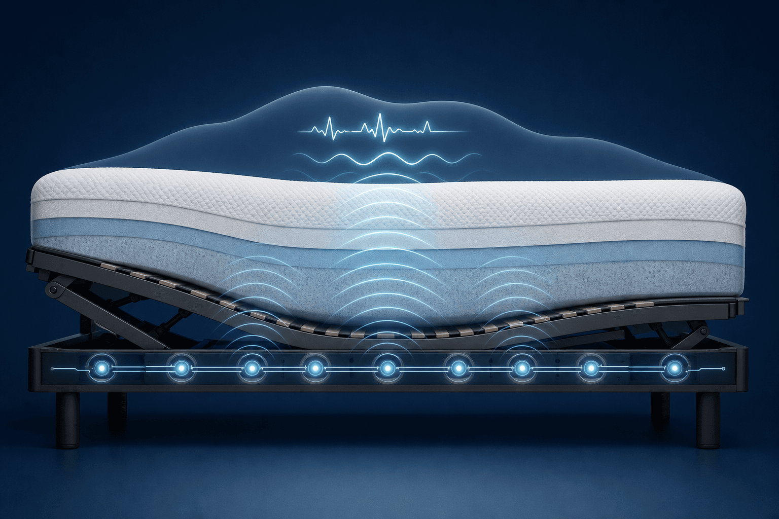 Cross-section editorial illustration of a mattress on an adjustable bed base with glowing sensor nodes along the base frame. Subtle wave-like motion lines radiate upward through the mattress cross-section, representing ballistocardiography detection of heartbeat and breathing vibrations. Dark blue background with soft cyan sensor indicators. No text or people.