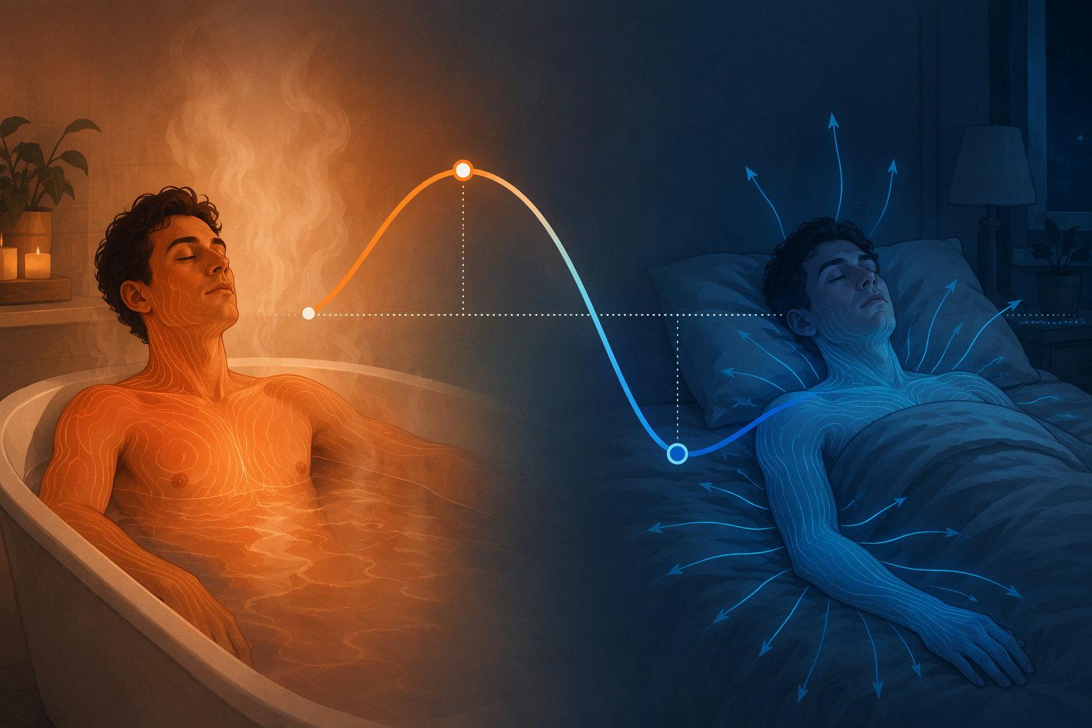 Warm bath followed by cooler sleep with a temperature curve showing a rise and deeper fall