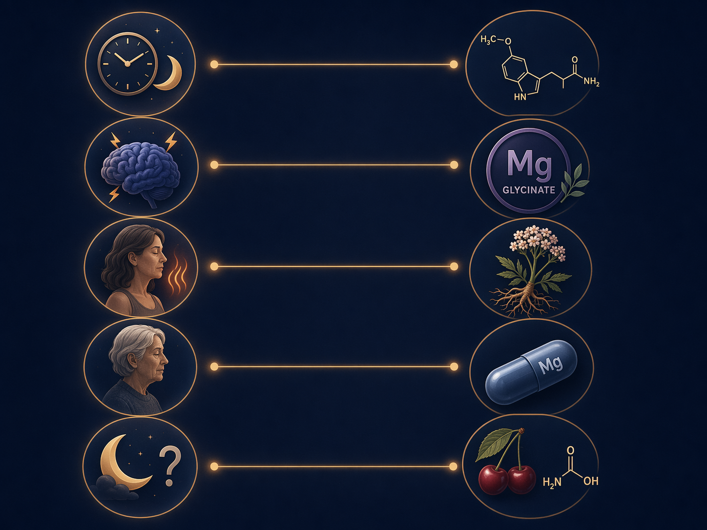 Matching diagram connecting five sleep problem patterns to natural sleep remedy icons