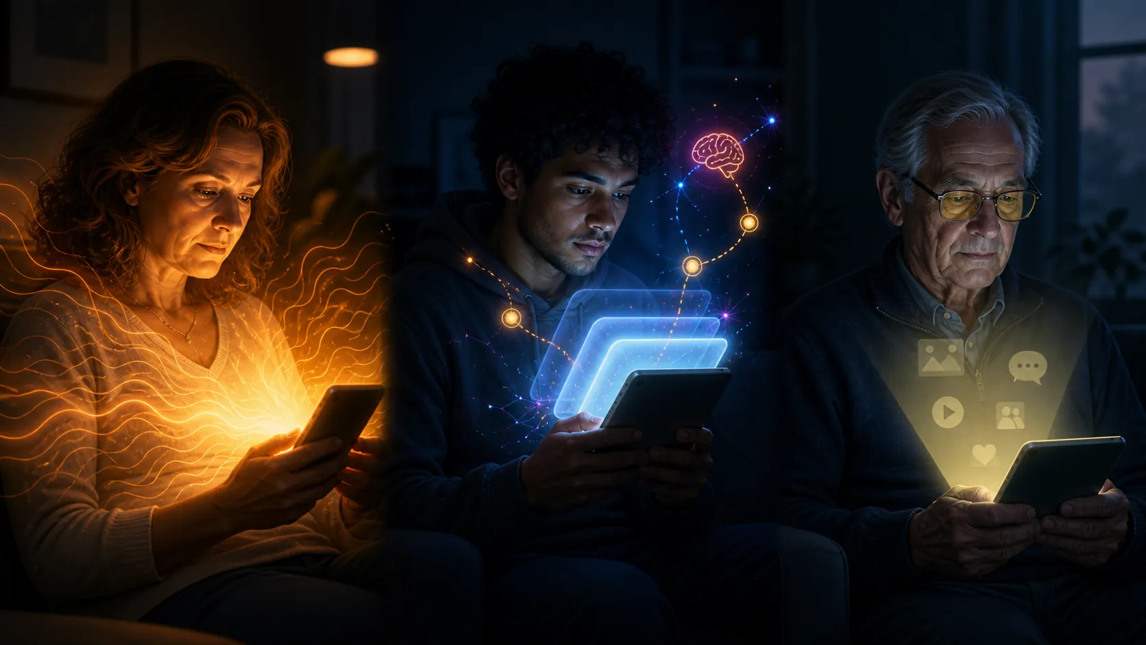 Three adults in a dark room using phones, with different screen-glow effects suggesting perimenopause, ADHD, and older adulthood