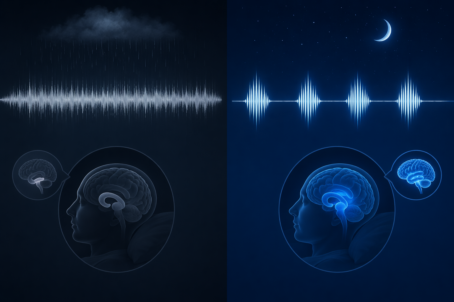 An illustration comparing continuous rain-like sound with timed pink-noise pulses and their different sleep-stage implications