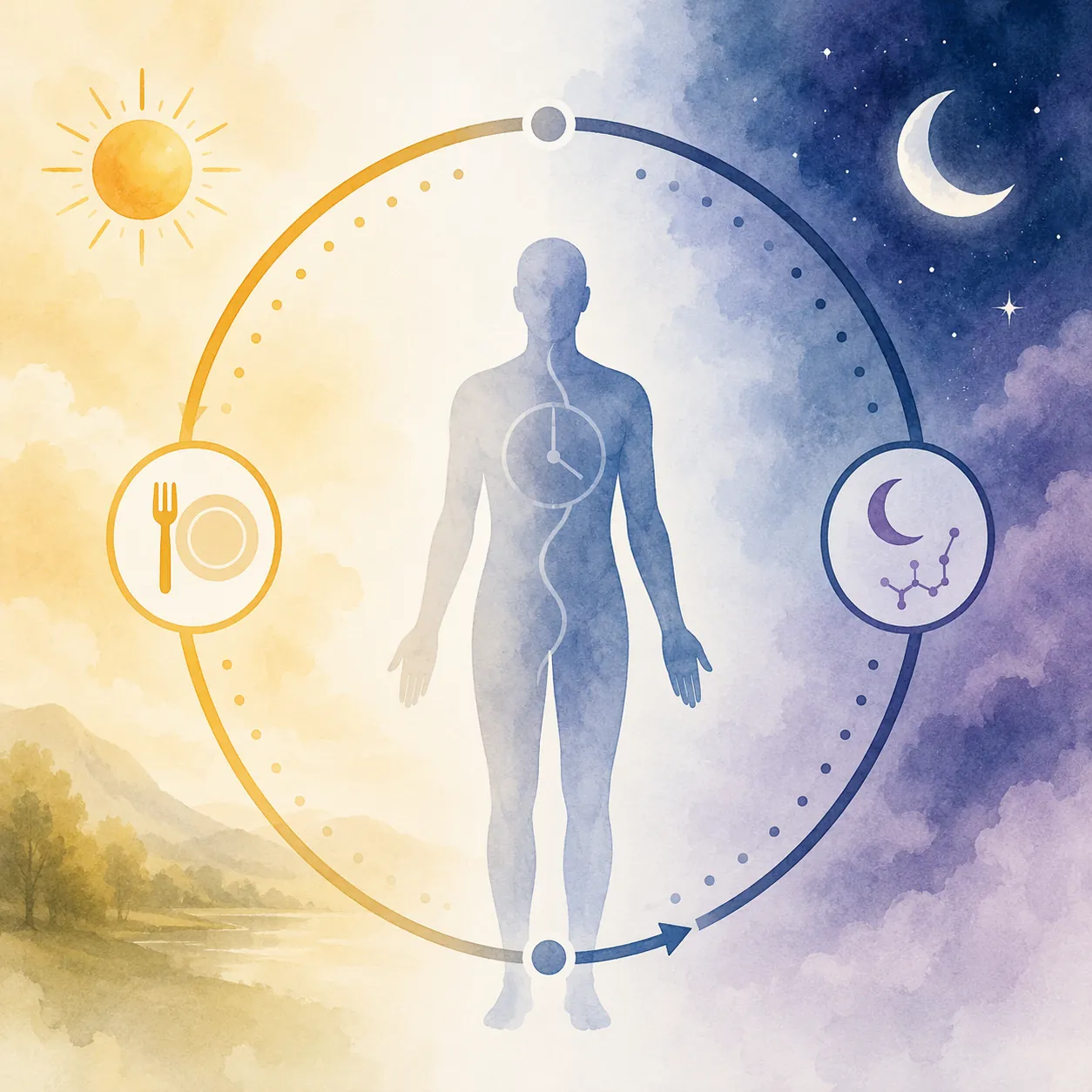 A circadian rhythm diagram with aligned daytime eating and evening sleep preparation.