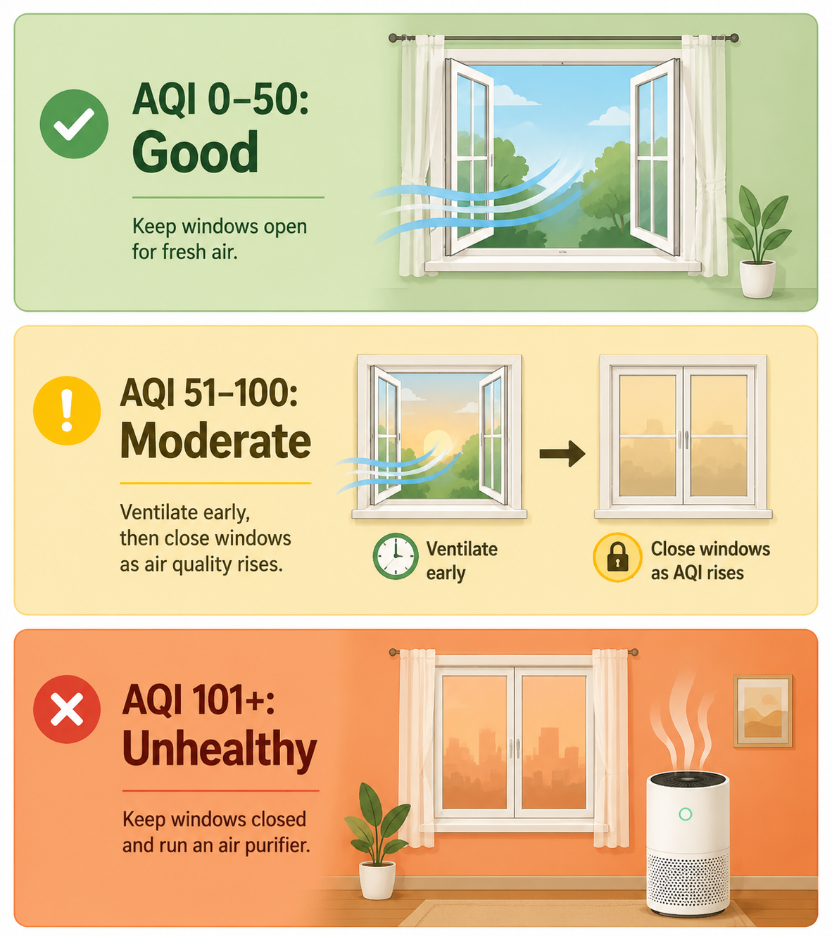 Three-band evening AQI decision guide showing when to ventilate, close windows, or use an air purifier