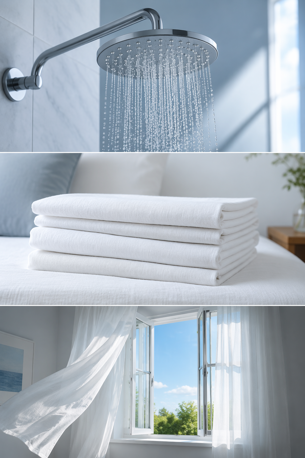 A cooling flat lay with a shower head, folded linen sheets, and billowing window curtains suggesting cross-ventilation.