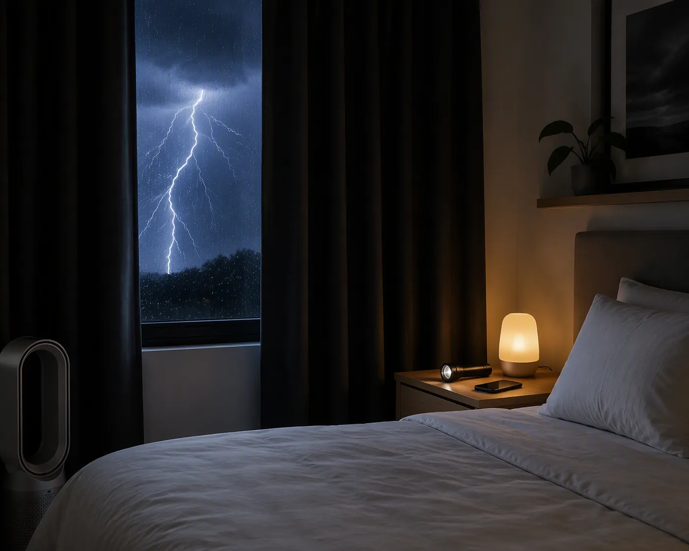 Prepared bedroom at night with blackout curtains, a soft nightlight, flashlight, and phone during a thunderstorm