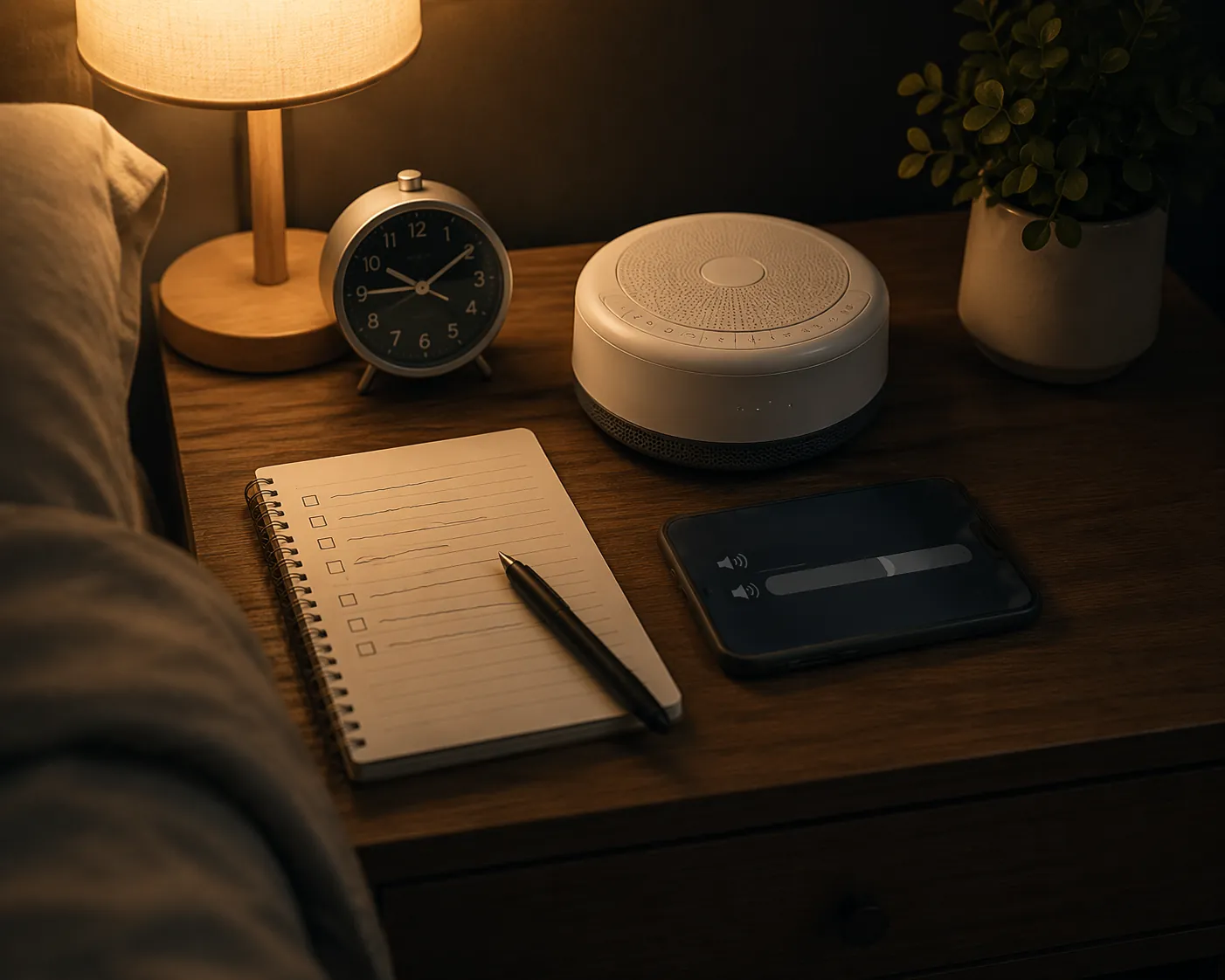 Bedside table with a handwritten checklist, face-down smartphone, white noise machine, and alarm clock under warm light