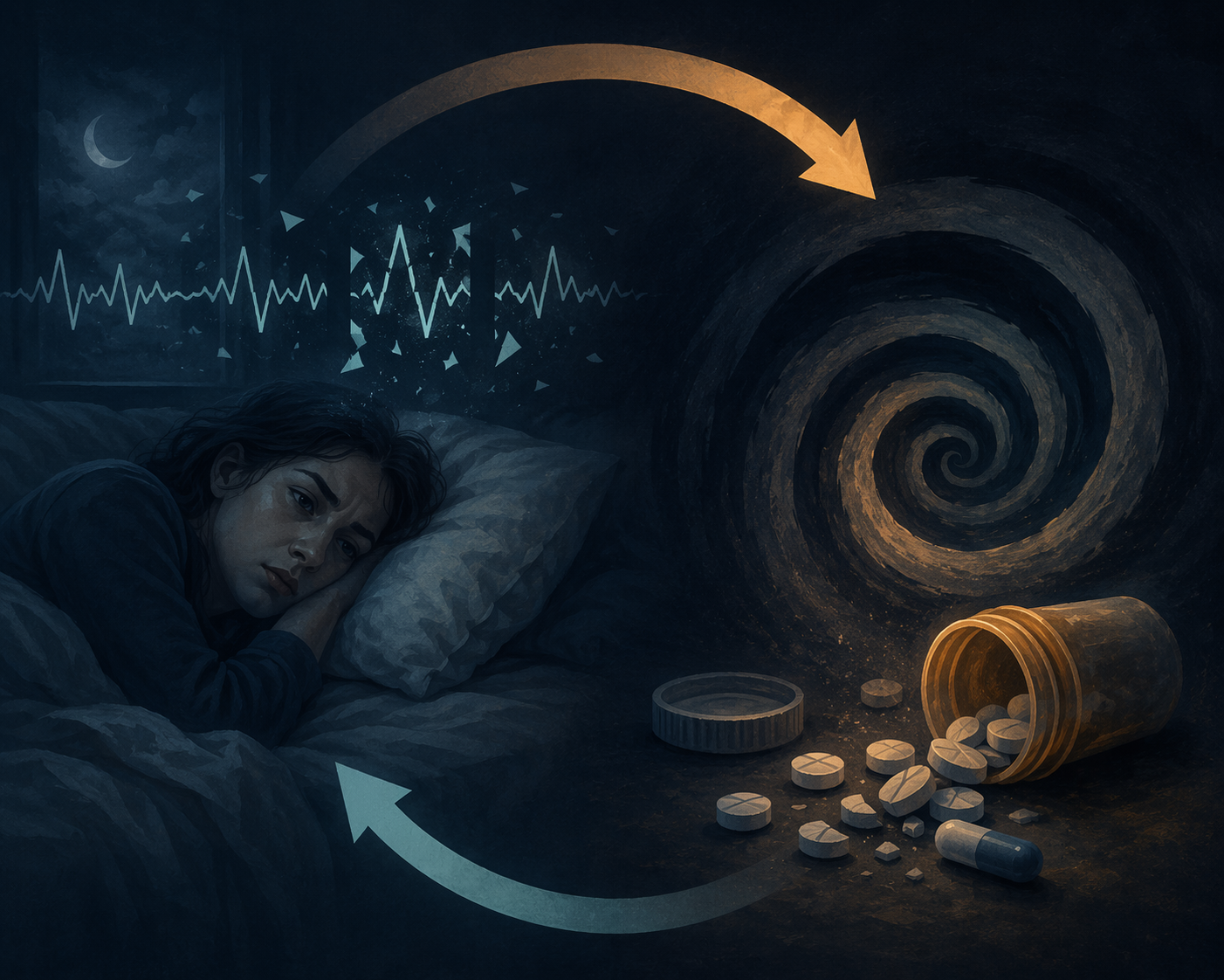 A sleeping person surrounded by curved arcs showing fragmented sleep and substance-related strain