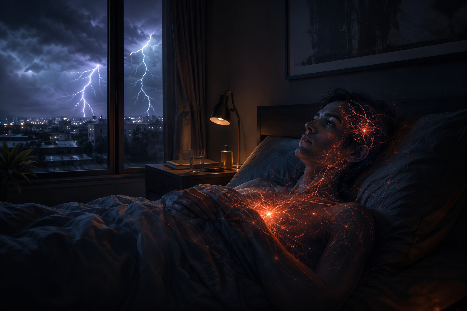 A person awake in a dark bedroom during a thunderstorm, with lightning outside and a subtle internal alarm glow in the body.