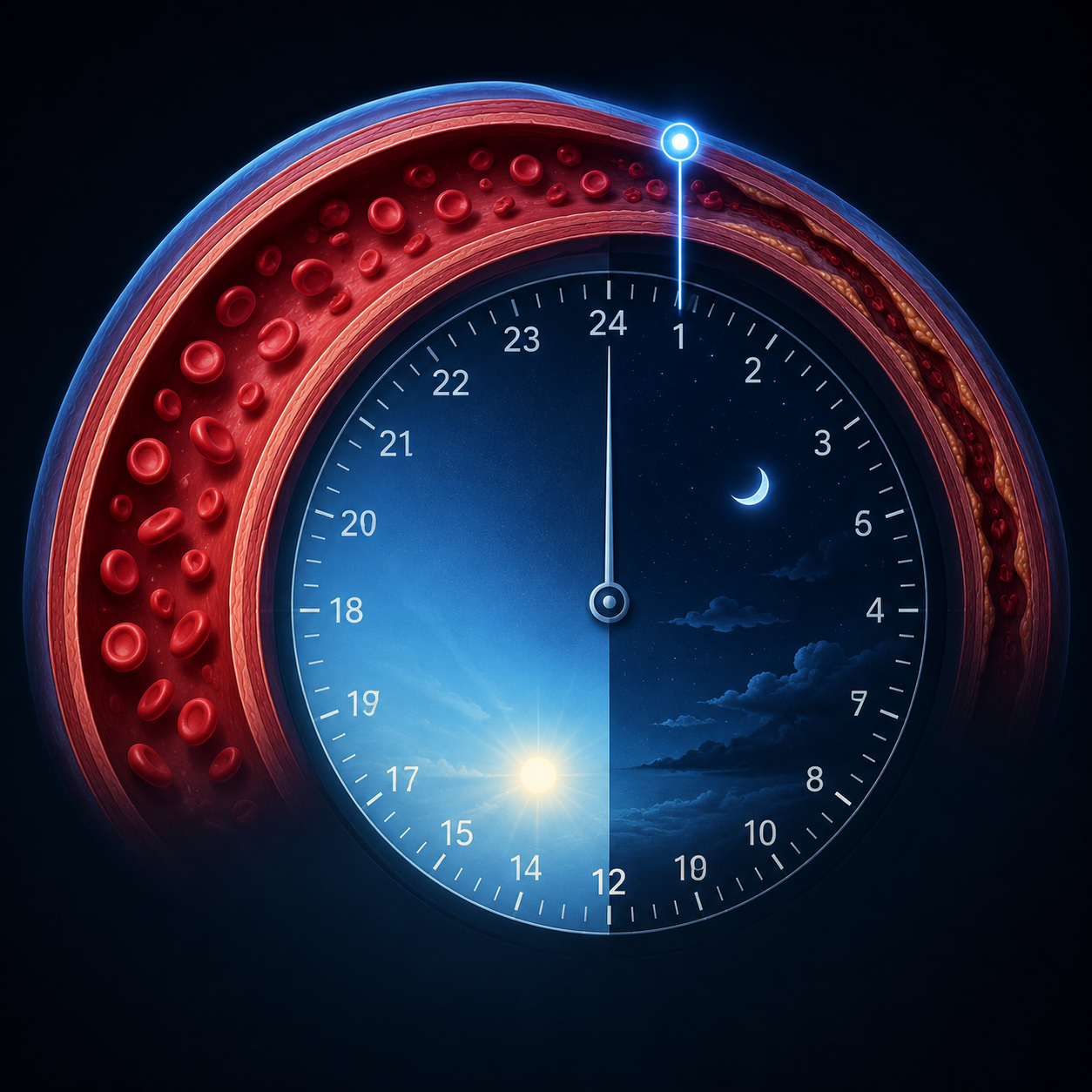 A 24-hour clock wrapped by a blood vessel, with the nighttime side narrowed and a marker near 3 a.m. showing worst vascular function
