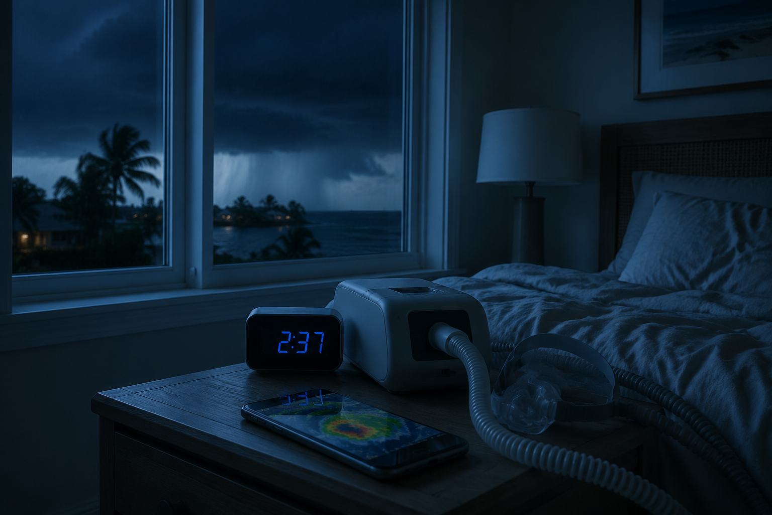 Dim coastal bedroom with a CPAP machine, glowing clock, phone weather radar, and storm clouds outside a rain-streaked window