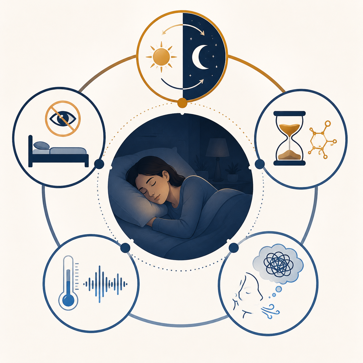 Radial diagram of insomnia-related sleep mechanisms including circadian timing, conditioned arousal, sleep pressure, environment, and cognitive activation