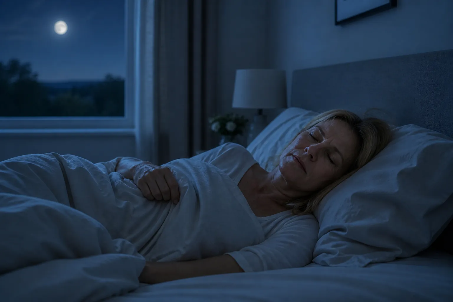 Woman in her early 50s sleeping restlessly in a moonlit bedroom