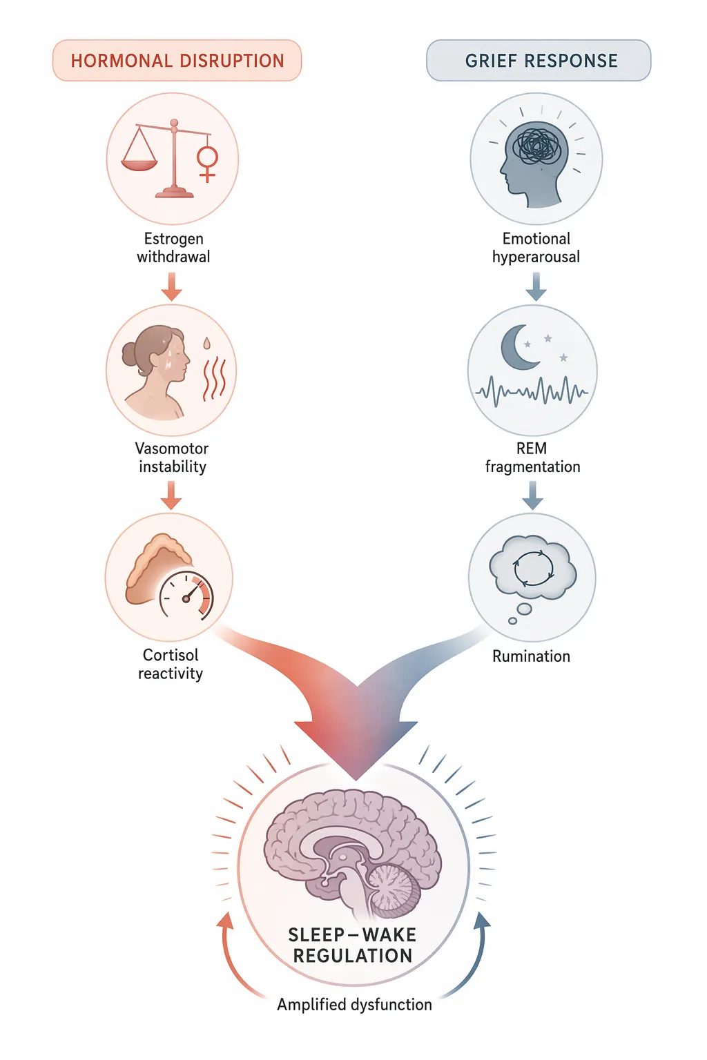 Diagram of hormonal disruption and grief response converging on sleep-wake regulation