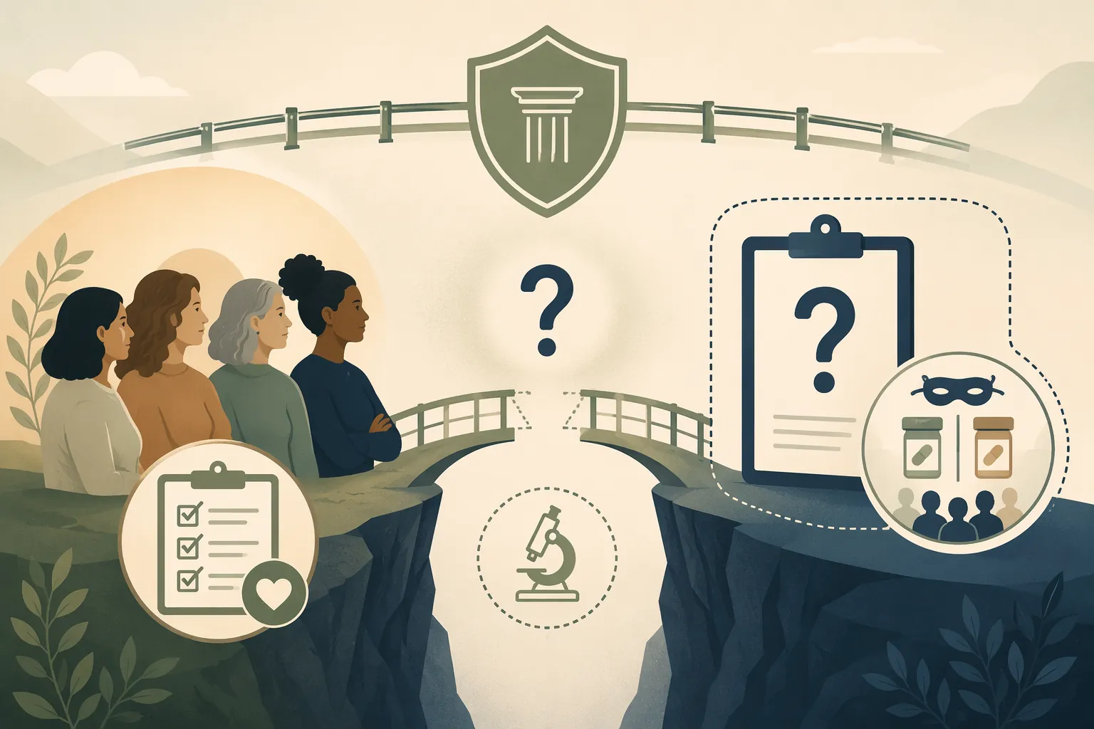 Illustration of survey respondents separated from clinical trial evidence by an evidence gap