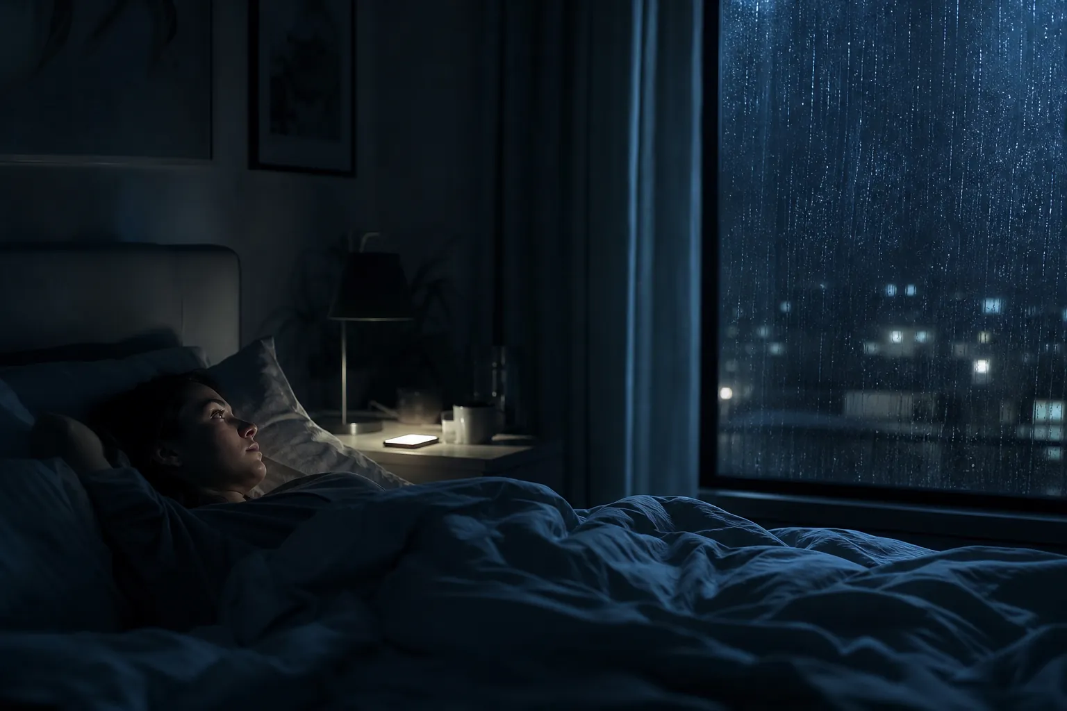 Person lying awake in a dim bedroom while rain streaks down the window and a phone glows on the nightstand