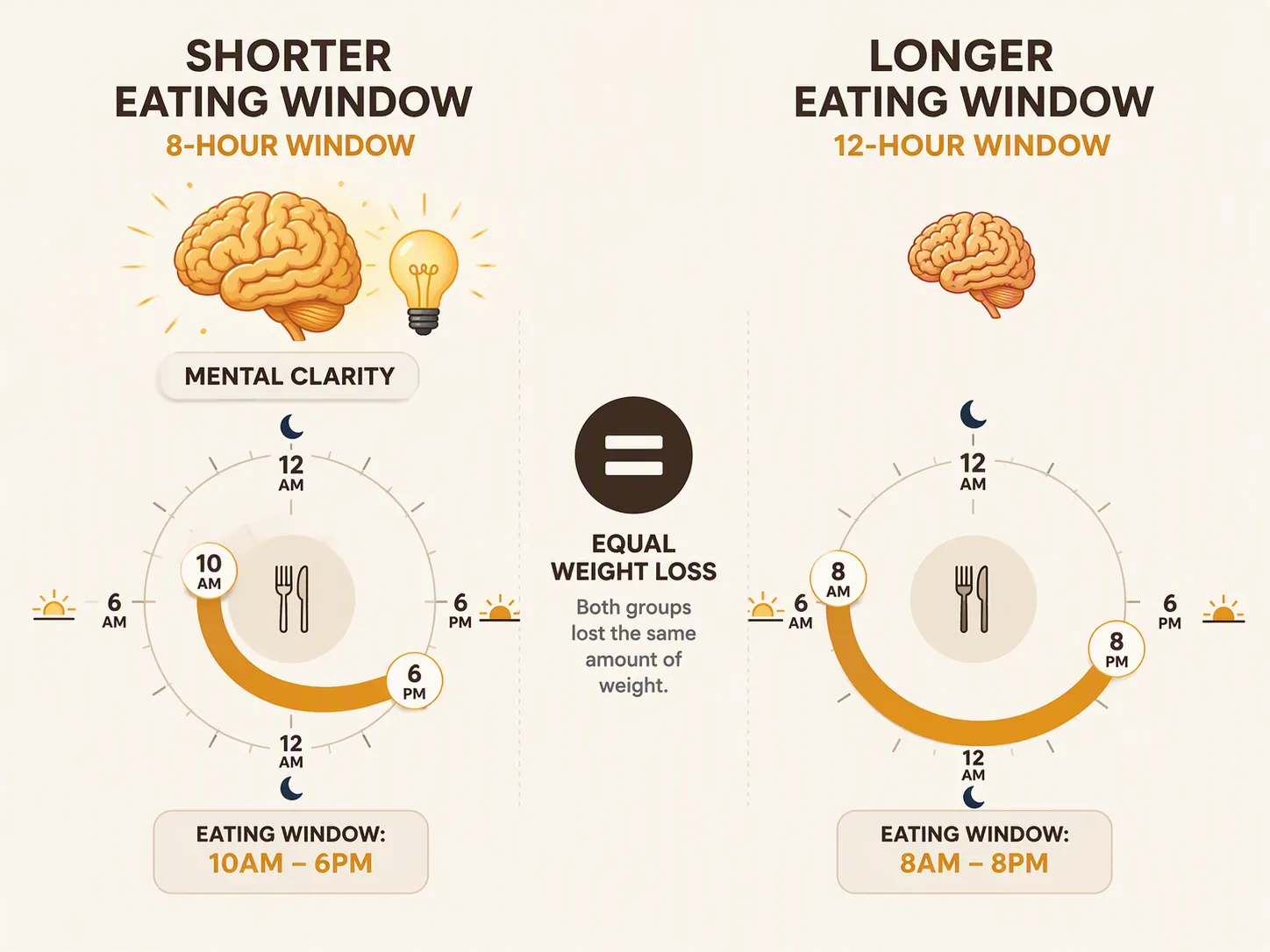Infographic comparing an 8-hour eating window with a 12-hour eating window and similar weight loss