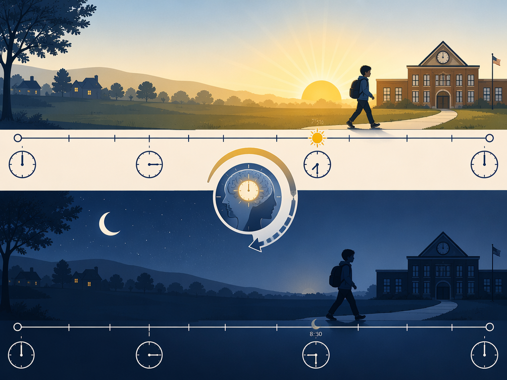 A split illustration comparing standard time daylight with a later sunrise under permanent daylight saving time.