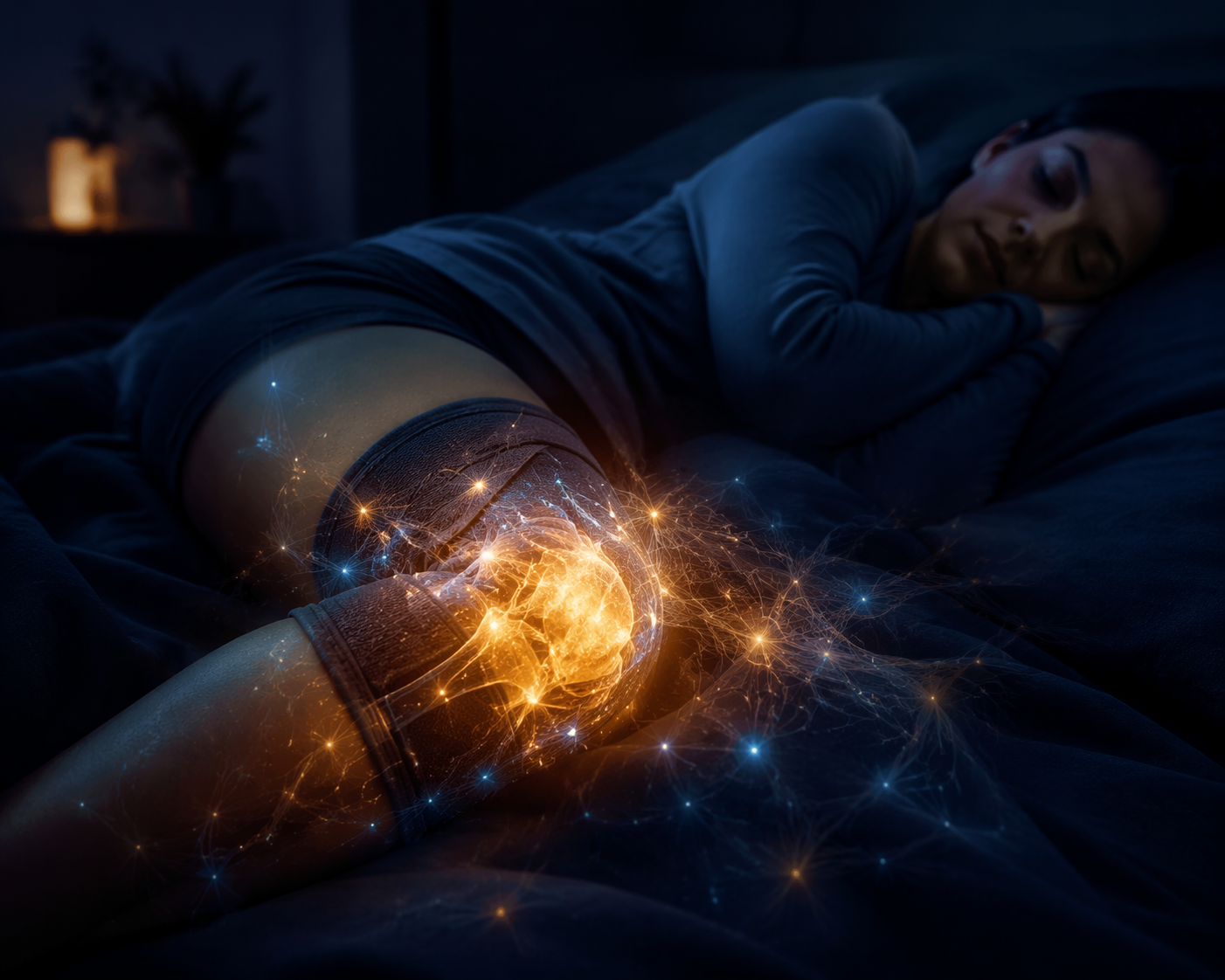 Person sleeping with a visible knee brace while luminous particles suggest microscopic tissue repair