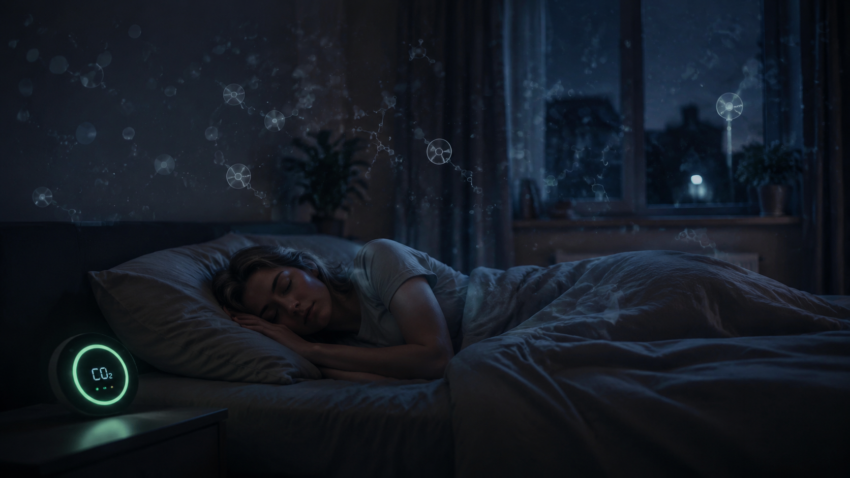 Person sleeping in a dim bedroom with airborne particles and a glowing CO2 monitor on a nightstand