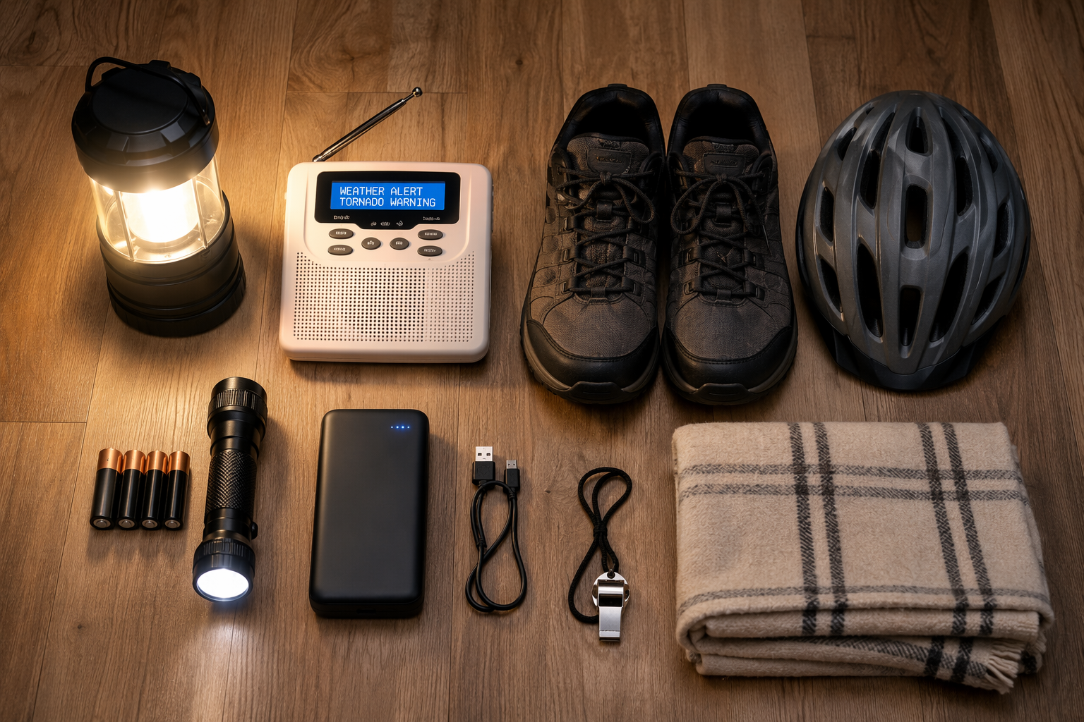 Bedside emergency kit with NOAA Weather Radio, flashlight, spare batteries, power bank, shoes, helmet, whistle, and blanket
