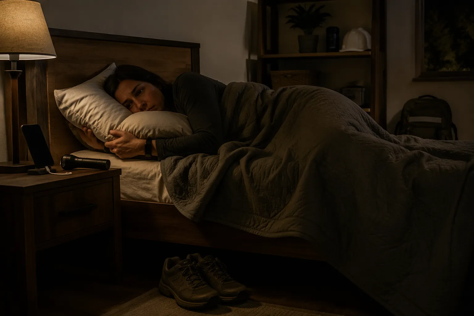 Dimly lit bedroom with shoes, a charging phone, flashlight, and a person resting with a pillow nearby