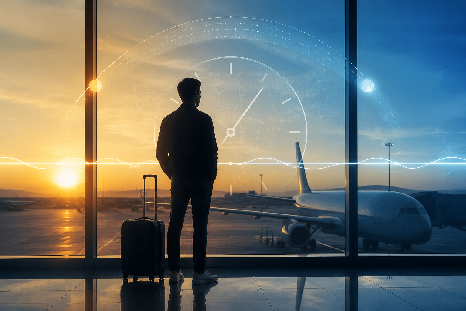 Traveler at an airport window with circadian clock and light cues