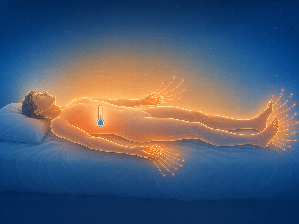 Illustration of a sleeping body losing heat through the hands and feet while core temperature drops