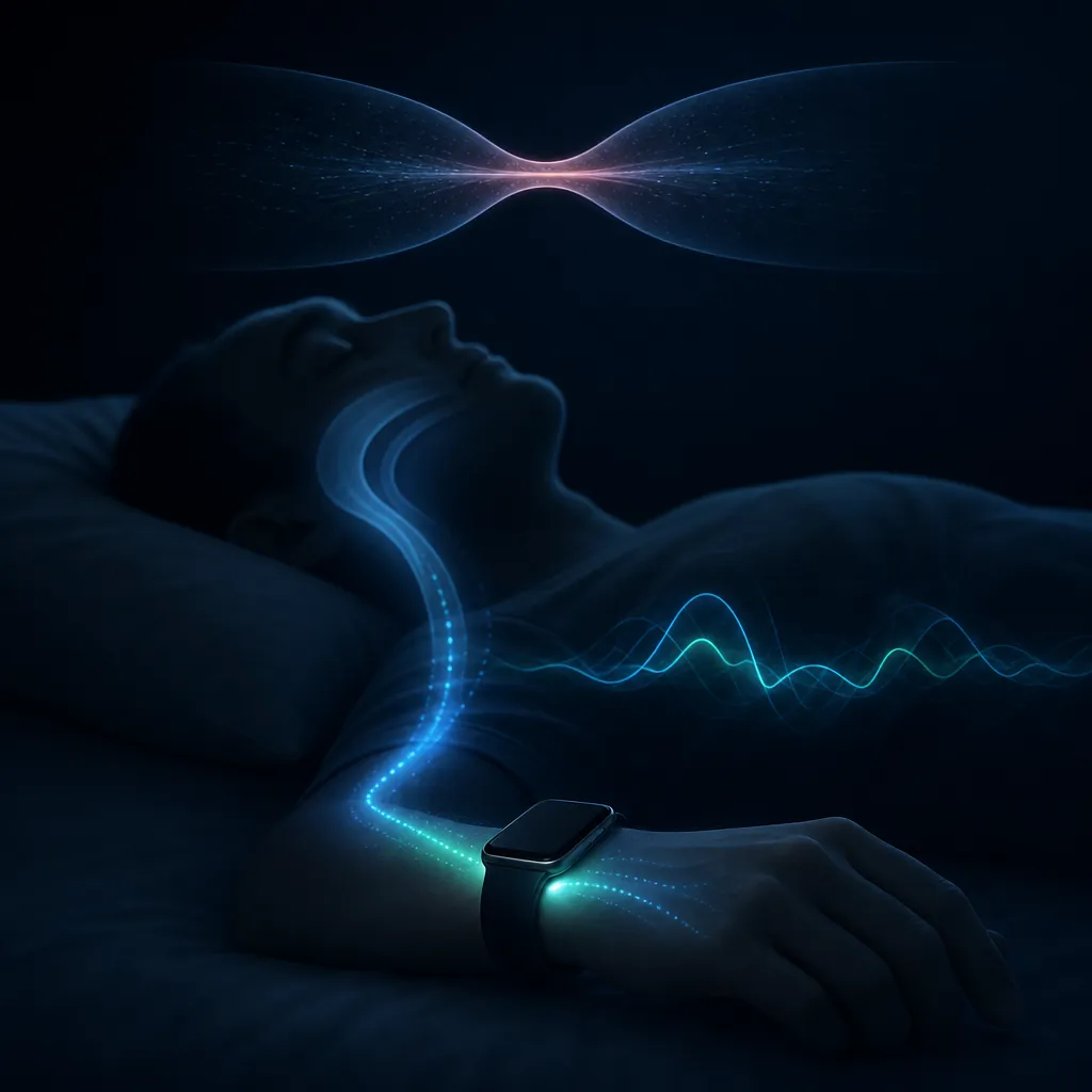A sleeping silhouette with a glowing wrist device and an abstract airway narrowing shape suggesting sleep apnea detection