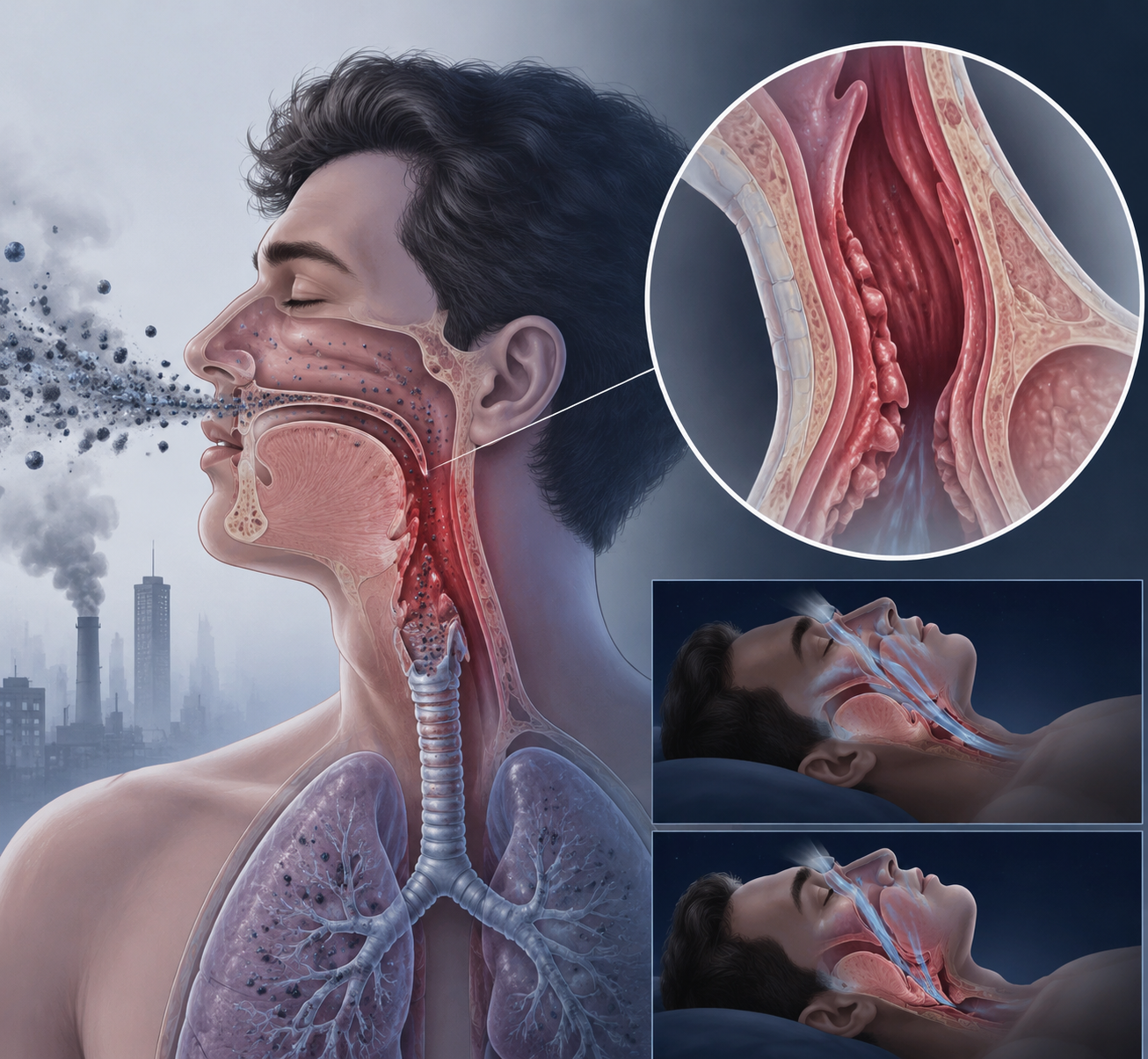 Medical illustration of pollutant particles entering nasal passages and inflaming narrowed airway tissue