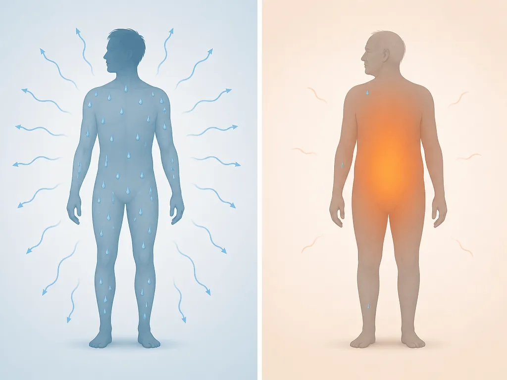 Illustration comparing normal heat loss with reduced heat loss in an older adult