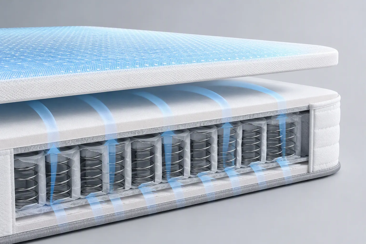 Layered mattress system with a coil base and separate cooling topper