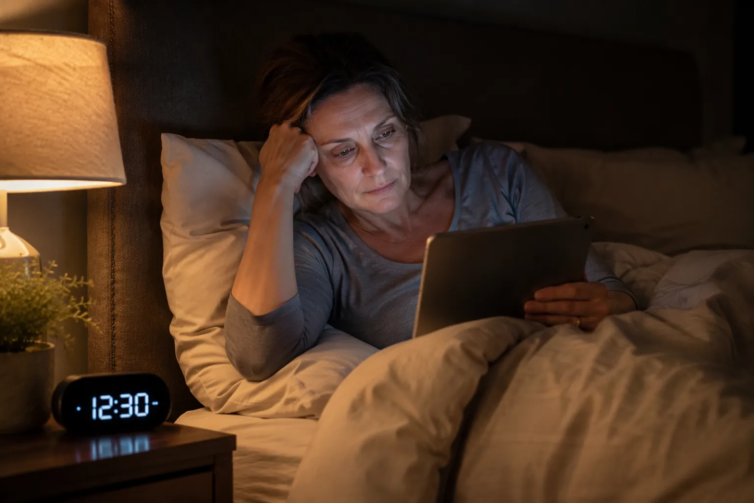 A tired woman in her late 40s watches a tablet in bed at 12:30 AM