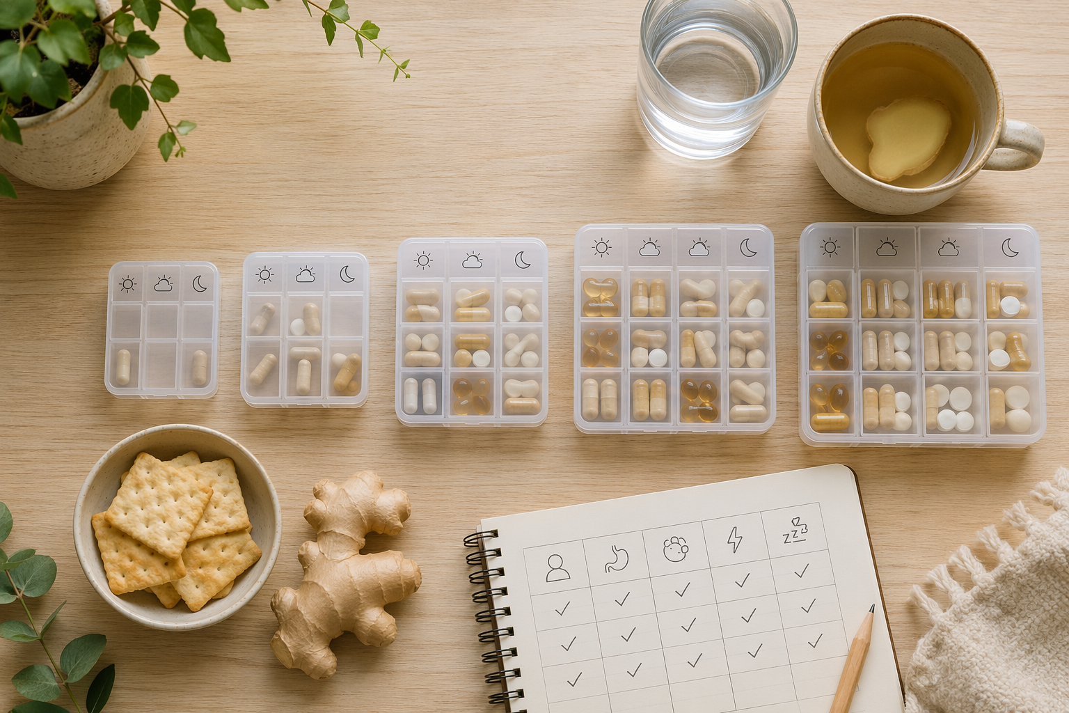 Dose escalation supplies with crackers, water, ginger tea, and a symptom-tracking notebook