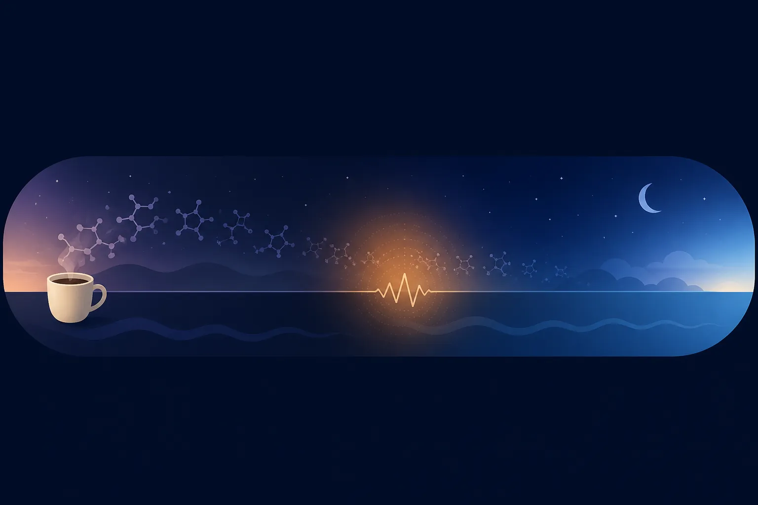 Night timeline showing caffeine molecules persisting into lighter perimenopausal sleep with a heat-flush interruption