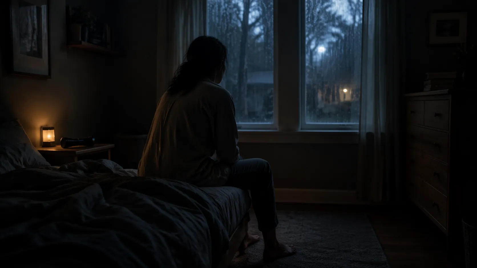 A person sits tensely on the edge of a dim bedroom bed after a storm