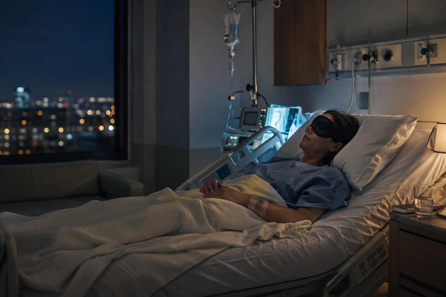 Dimly lit hospital room at night with a patient wearing an eye mask beside an IV pole and monitor light