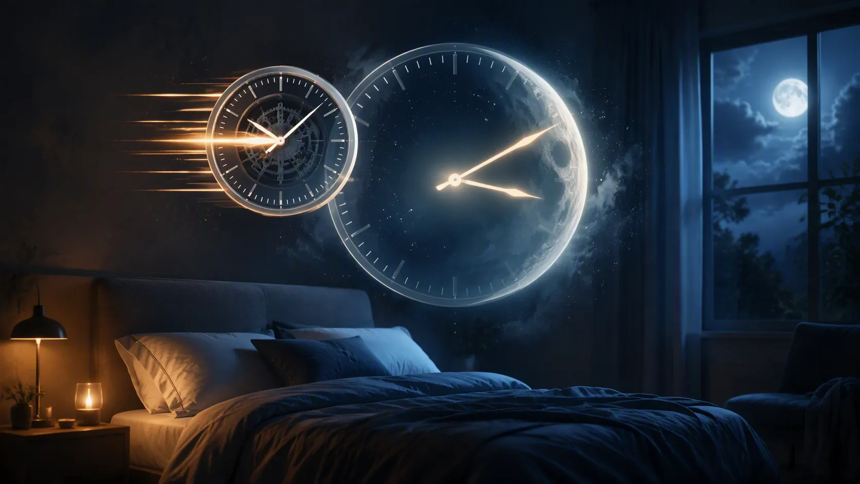 Dark bedroom with two overlapping clocks representing different recovery timetables