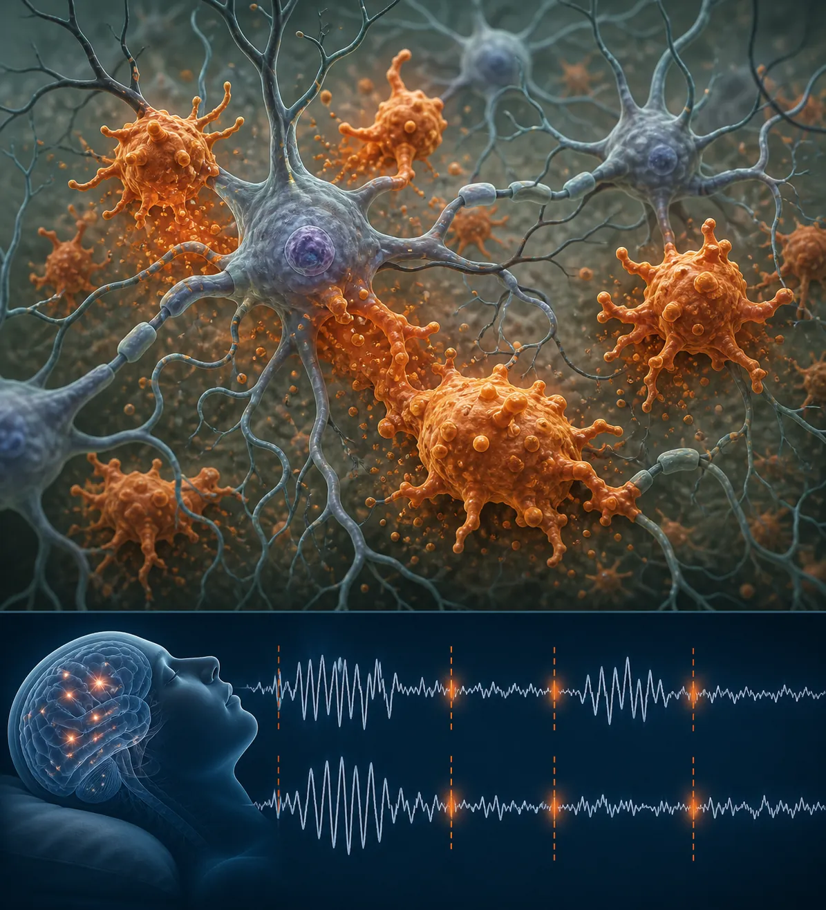 Medical illustration of overactive microglia near neurons with a fragmented NREM sleep waveform