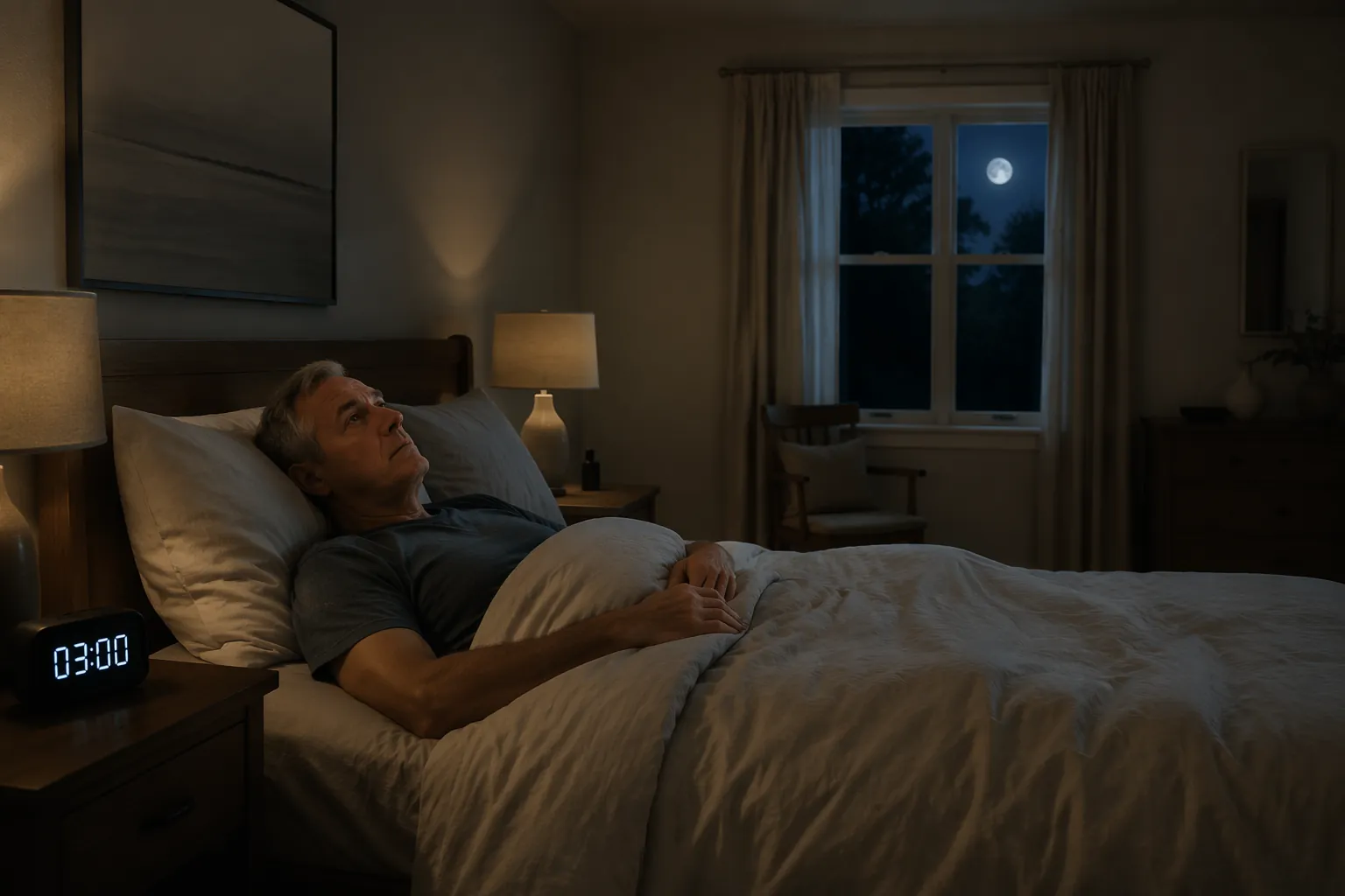 Early retiree lying awake at 3:00 AM in a quiet moonlit bedroom