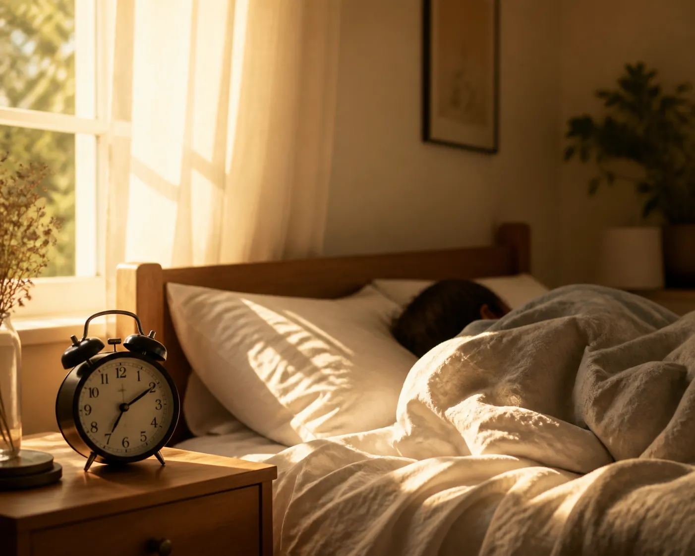 A calm bedroom at dawn with sunlight, an analog alarm clock, and a person sleeping under warm covers